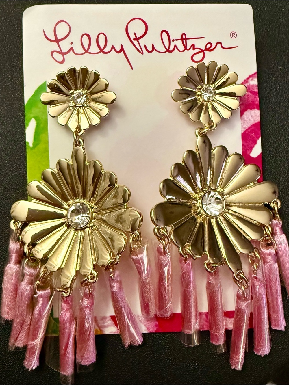 NWT Lilly Pulitzer Mandevilla Baby Earrings – Gold Sunburst & Pink Tassel GWP
